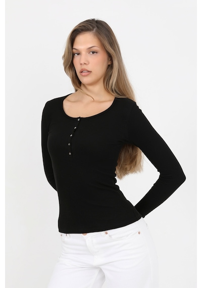 Hdm Kadın Siyah Uzun Kollu Fitilli Patlı Düğmeli Basic Örme Bluz - H6162