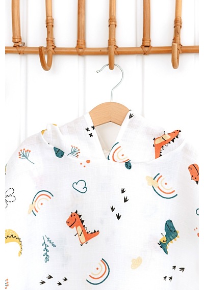Esti Baby Kapşonlu Müslin Panço %100 Pamuk Bebek / Çocuk Plaj Havlusu / Bornozu Dino