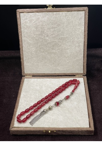 Alpaka Zincir Püsküllü Sıkma Kehribar Tesbih Kırmızı, 7x11 Mm