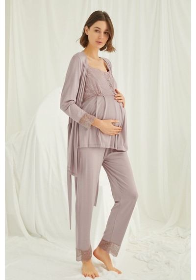 Burdagel Monamise Kadın Vizon Hamile Lohusa Sabahlıklı Pijama Takım 18441