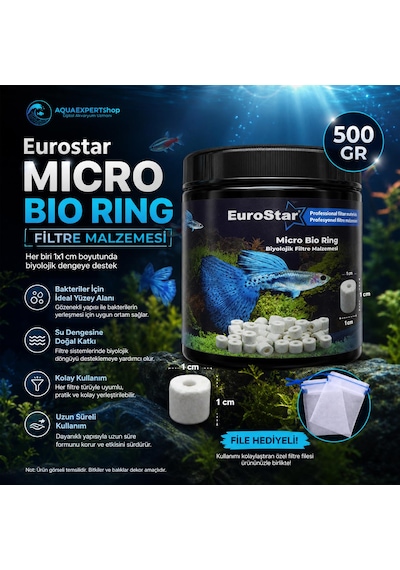 Eurostar Akvaryum Filtre Malzemesi - Micro Bio Ring - Üstün Bakteri Tutuşu - Özel Plastik Kutulu - File Hediyeli - 500 Gr