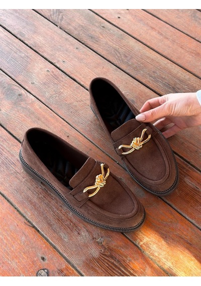 Erva'nın Butiği Kahve Süet Teseri Gold Sarmal Toka Detay Kadın Loafer-6047