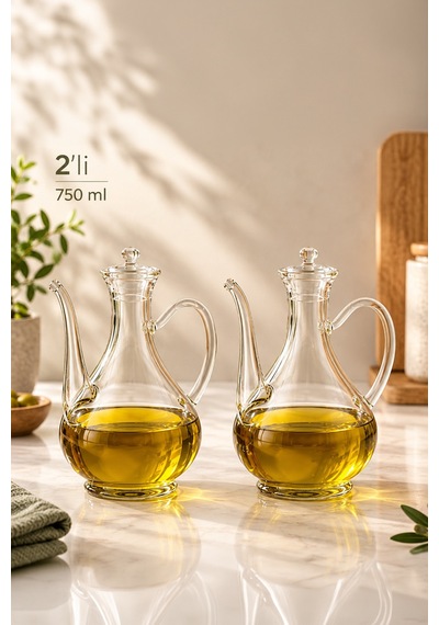 Porsima 5323 2li Borosilikat Cam İbrik Model Zeytinyağ Şişesi Takımı - 2li Yağlık Ve Sirkelik Seti 750ml+750ml Cam Şeffaf