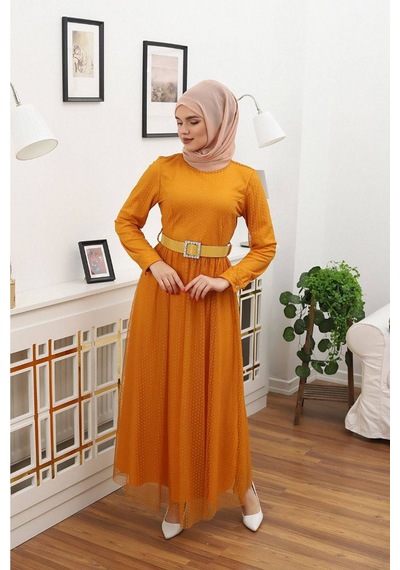 Neşeli Butik Kadın Bisiklet Yaka Puantiyeli Tesettür Elbise Rssn45 - Hardal