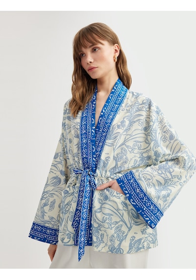 Koton Pamuklu Cepli Bağlama Detaylı 3/4 Geniş Kollu Çiçekli Kimono Mavi Desenli 5sak50030pw Koton Pamuklu Cepli Bağlama Detaylı 3/4 Geniş Kollu Çiçekli Kimono Mavi Desenli 5sak50030pw