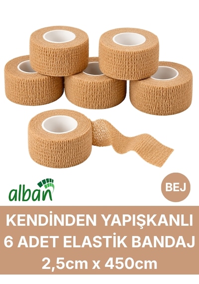 2,5cm 6'lı Set Kendinden Yapışkanlı Elastik Bandaj, Kohesiv Bandaj 5cm X 4.5m Spor, Bilek, Ayak Bileği, Veteriner Bandajı Bej