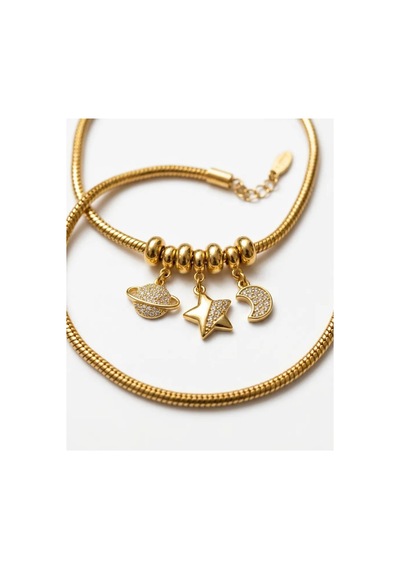 Kadın Gold Cosmo Shine Zirkon Taşlı Satürn Ay Yıldız Charm Bileklik Altın