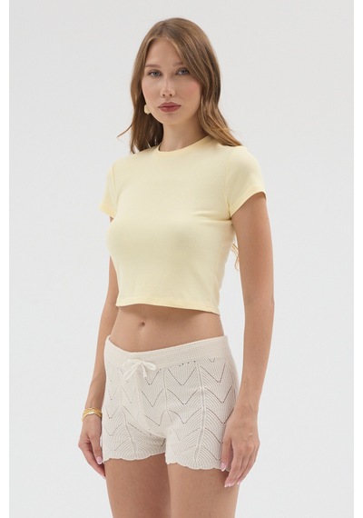 Urbantrendstore Kadın Bisiklet Yaka Likralı Kısa Kol Body Crop Bluz Günlük Şık Sade Yazlık Casual Crop Kadın Crop Sarı