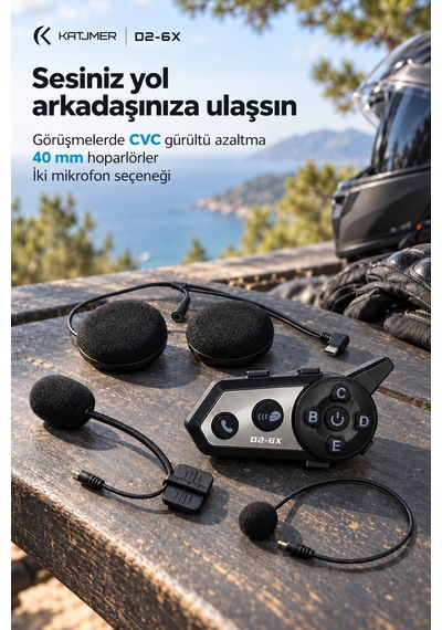 D2-6x Çift Yongalı Bluetooth Motosiklet İnterkom Kulaklığı 500 M, Markalar Arası Bağlantı, Ipx6, 1000 Mah - Siyah