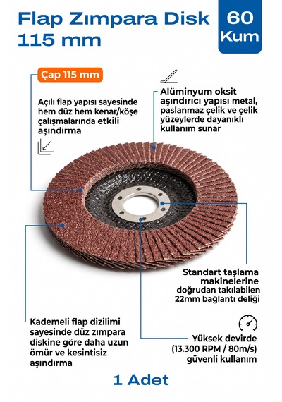 115 Mm Flap Zımpara Diski 60 Kum 1 Adet Açılı Metal Taşlama Ucu