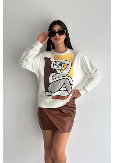 Femelle Nakış İşlemeli - İçi Pamuklu Sweatshirt Ekru