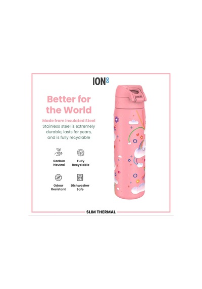 Ion8 - İnce Su Termosu - Gökkuşağı Unicorn - 500 Ml - Sızdırmaz Çok Renkli