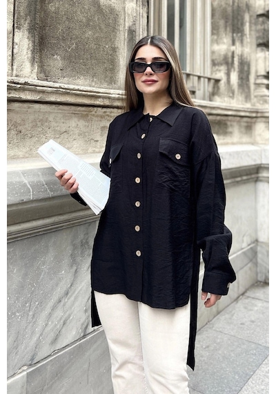 WeShaya Kadın Siyah Balon Kol, Pileli, Yırtmaçlı, Oversize, Keten Tunik Gömlek Siyah