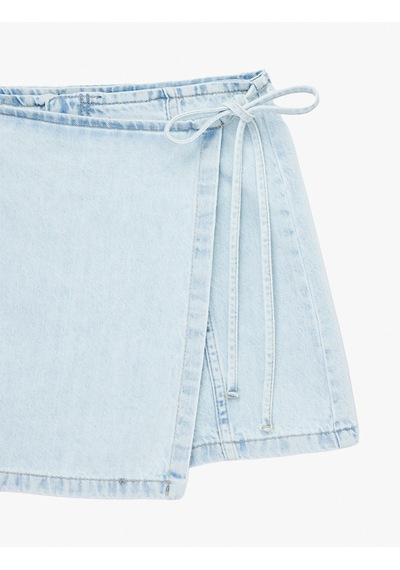 Koton Bağcık Detaylı Pamuklu Mini Denim Şort Etek Bleach 6sal40002md Açık Mavi