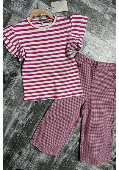 Riccotarz Kız Çocuk Yatay Çizgiler Kolsuz Omuzları Fırfırlı Bluz Pötikare Kumaş Pantolon Pembe Alt Üst Takım Pembe Riccotarz Kız Çocuk Yatay Çizgiler Kolsuz Omuzları Fırfırlı Bluz Pötikare Kumaş Pantolon Pembe Alt Üst Takım Pembe