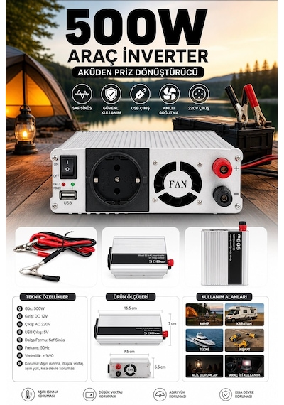Bay 500w 12v Dc 220v Ac İnverter Usb Çıkışlı Fanlı Akü Güç Dönüştürücü Araç Kullanımı Najmaddin