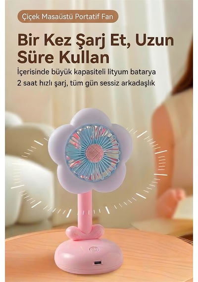 Işıklı Çiçek Tasarımlı Mini Fan Mavi 3 Kademeli Masaüstü Vantilatör Pembe