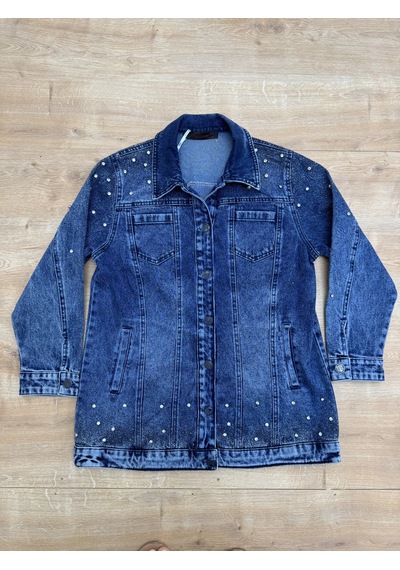 Büyük Beden Yakalı Taş Detaylı Cepli Kadın Denim Ceket Mavi