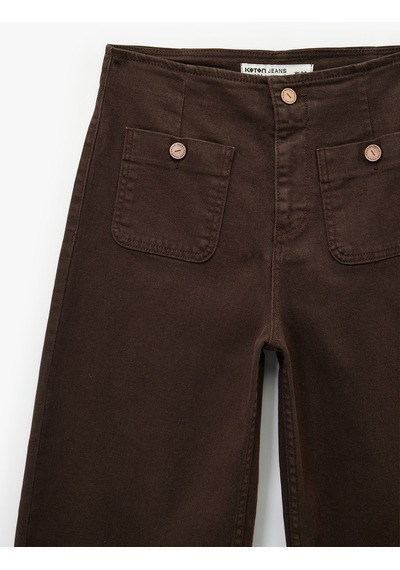 Koton Pamuklu Düğmeli Cepli Yüksek Bel Jean Pantolon - Culotte Jeans Koyu Kahverengi 7wal40011mw Koyu Kahve