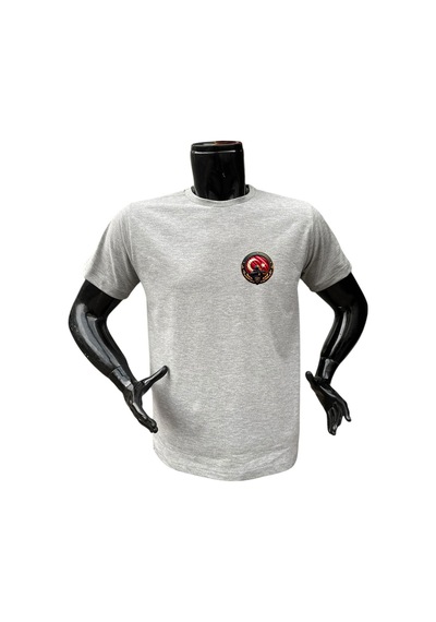 Türk Asker Bordo Bereli Ve Türk Bayrağı Savaşçı Baskılı %100 Pamuk Regular Fit Bisiklet Yaka T-shirt Gri