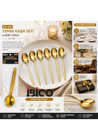İbico İ22-437 Yemek Kaşık Seti 21cm 6 Adet Gold - 10'li Paket Diğer
