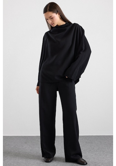 Olcay Degaje Yaka Oversize Pantolon Bluz İkili Takım Siyah 9483-tk