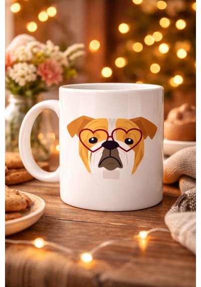 Kalpli Gözlüklü İngiliz Bulldog Tasarımlı Porselen Kupa Model 52 Sevimli Köpek Desenli Kahve & Çay