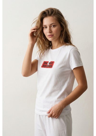 Elemge %100 Pamuk Pijama Üstü T-shirt Süprem Compact Penye Kadın Rahat Kalıp Beyaz Kısa Kol Do Not Disturb