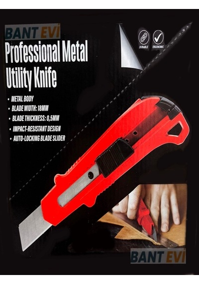 Maket Bıçağı Metal Gövdeli Kırmızı Maket Bıçağı 18mm Geniş Bıçak