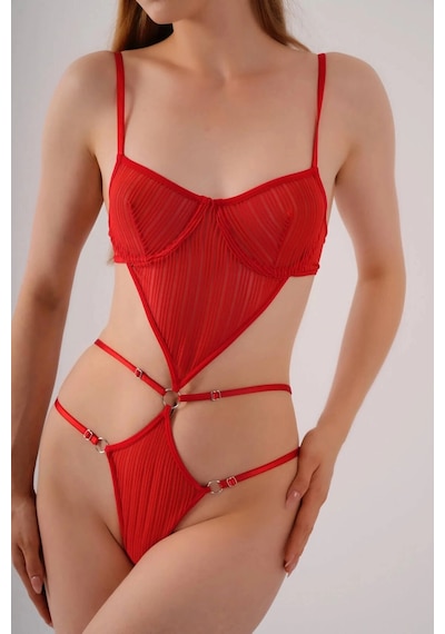 Transparan Kırmızı Dekolteli Balenli Fantazi İç Giyim Body Tm1409 Renk: Kırmızı