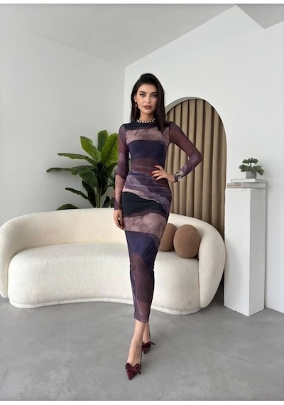 Defymoda Pella Tül Elbise Mürdüm