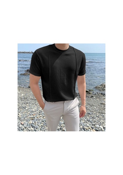 Cool Tarz Siyah Erkek Yuvarlak Yaka 2 Çizgili Örme T-shirt Siyah Siyah