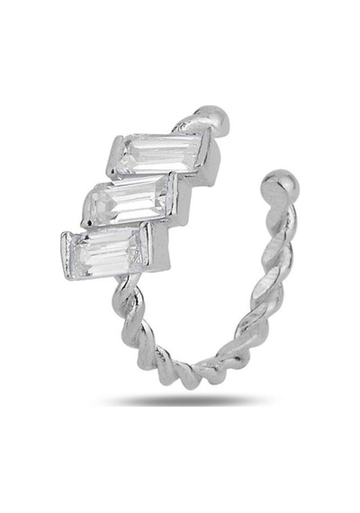 Gümüş Rodyumlu Baget Kesim Zirkon 3 Taşlı Sıkıştırmalı Kıkırdak Küpe Ear Cuff