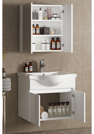 Yıldız 55 Cm Beyaz Mdf Seramik Lavabolu Asma Banyo Dolabı Takımı Beyaz