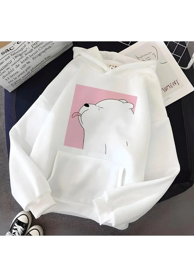 Unisex Oversize Beyaz Kafadar Ayılar Baskılı Sweatshirt Kapüşonlu Hoodie Beyaz
