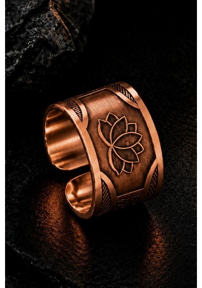 Erkek Bakır Yüzük Otantik El İşçiliği Ayarlanabilir Tasarım - Lotus Motifli