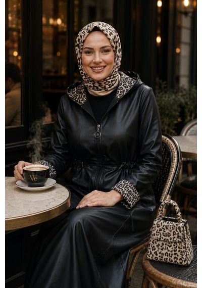 Hb Harma Time Butik Kadın Fermuarlı Kapüşonlu İçi Şardonlu Siyah Deri Kap