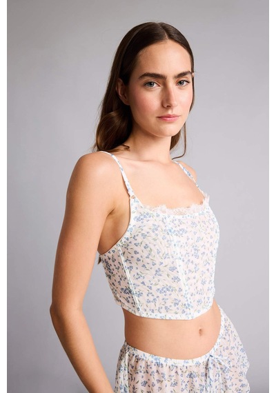 Defacto Çiçekli İnce Askılı Dantel Detaylı Açık Mavi Pijama Üst H7586ax26spbe216 Mavi-be216