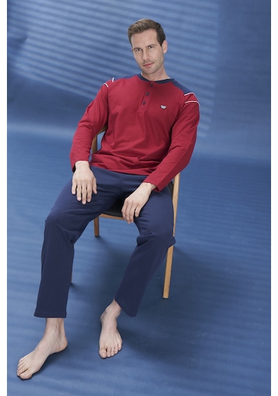 Remsa Erkek Penye Yarım Düğme Detay Uzun Kol Pijama Takımı 2134 Bordo05