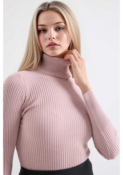 Hiccup Bdart Dokulu Yüksek Yaka Dar Triko Parlak Pembe
