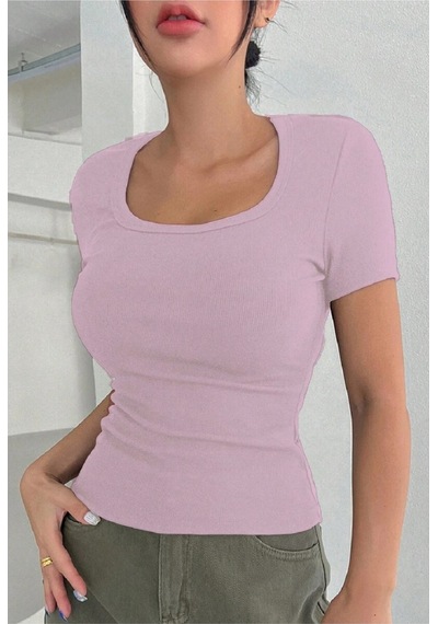 Rooted Kadın Kare Yaka T-shirt & Bluz , Likralı Fitilli Kaşkorse Kumaş Pembe