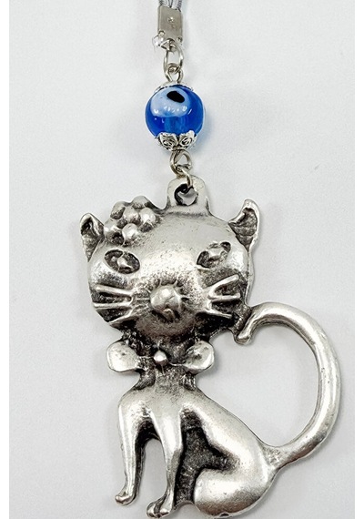 El Yapımı Lacivert Cam Nazar Boncuğu Metal Kedi Dikiz Ayna Süsü /