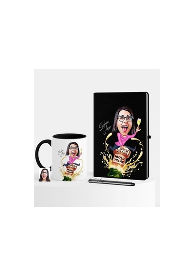Kişiye Özel Yılbaşı Temalı Bayan Karikatürlü Siyah Defter Kalem K (396490249)