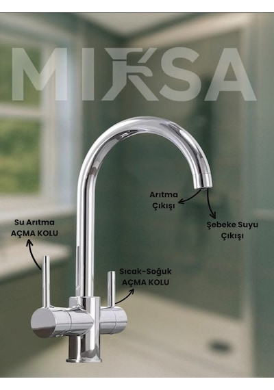 Krom Baston Borulu 3 Girişli Arıtmalı Mutfak Eviye Bataryası Musluğu