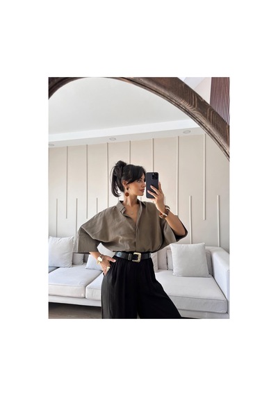 Feg Store Haki Yarasa Kol Duble Manşetli Modal Oversize Gömlek
