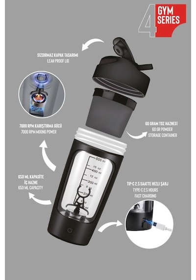 Stevig 4 Gym Şarj Edilebilir Elektrikli Protein Shaker 650 Ml Siyah St-225 Siyah