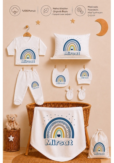 Pia Baby Erkek Bebek Hastane Çıkışı Hediye Seti 8 Parça Zıbın Set %100 Pamuk Battaniye Yastık Ve Kese 1091zybk0x Ekru