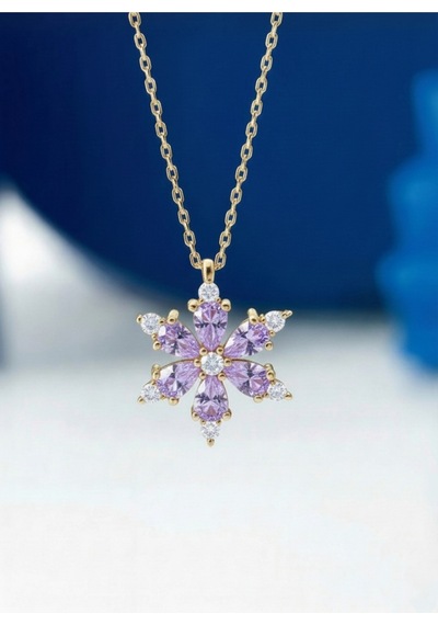 Çekirdekjewelry 925 Ayar Gümüş Lila Taşlı Kamelya Çiçeği Kolye Sarı Lila