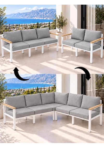 Neokas Metal L Köşe Koltuk 5 Kişilik, Balkon Ve Bahçe Mobilyası Beyaz
