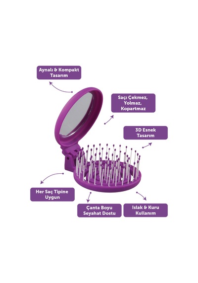 Beauty Makaron X Sw. Smiley Saç Fırçası - 3d Esnek, Aynalı, Çanta Boy - Compact Detangler Mor